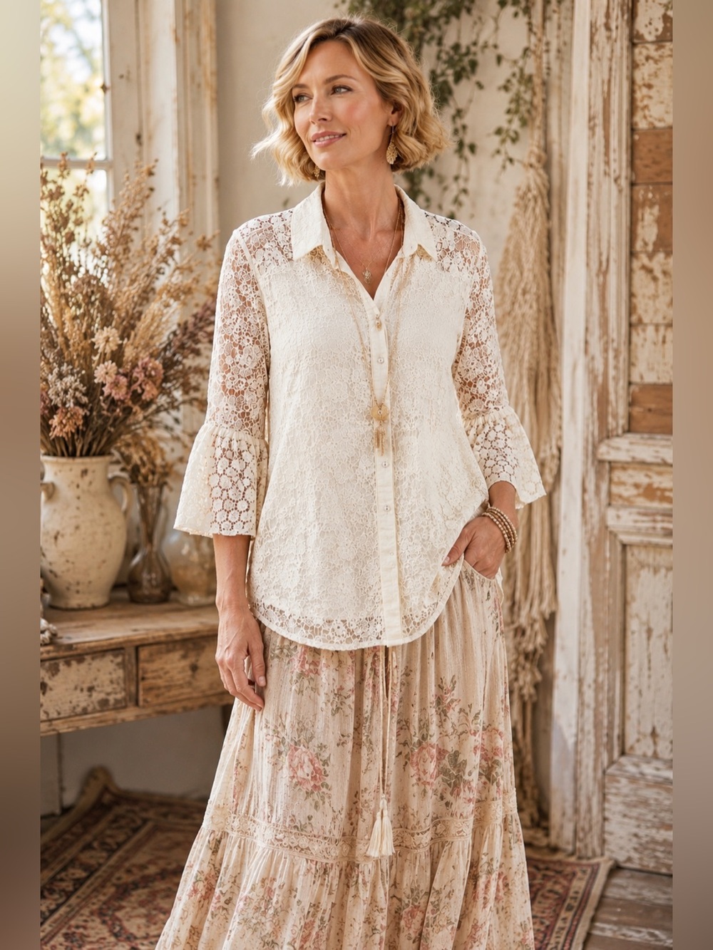 Soft Surroundings Ivory Lace Button Front Bell Sleeve Blouse Top M Boho